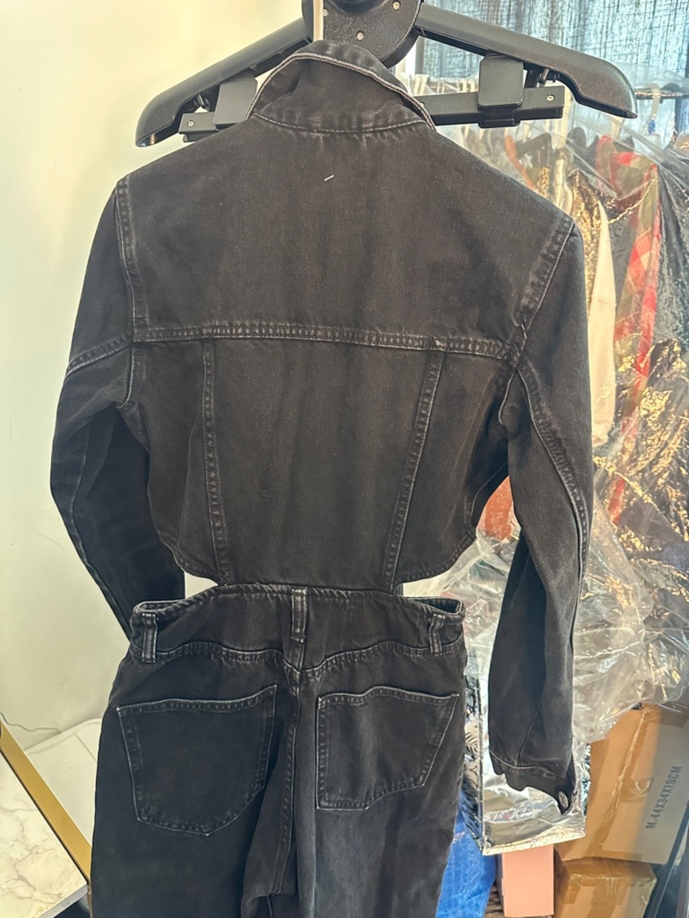 Black Denim Jumpsuit - Back Pocket Detail